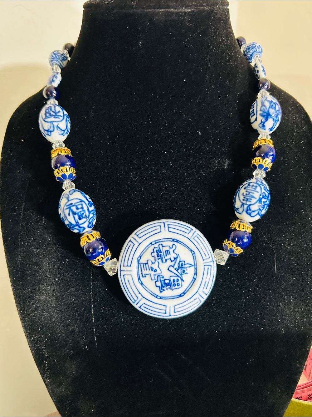 Vintage Blue and White Chinese Porcelain Statement Necklace